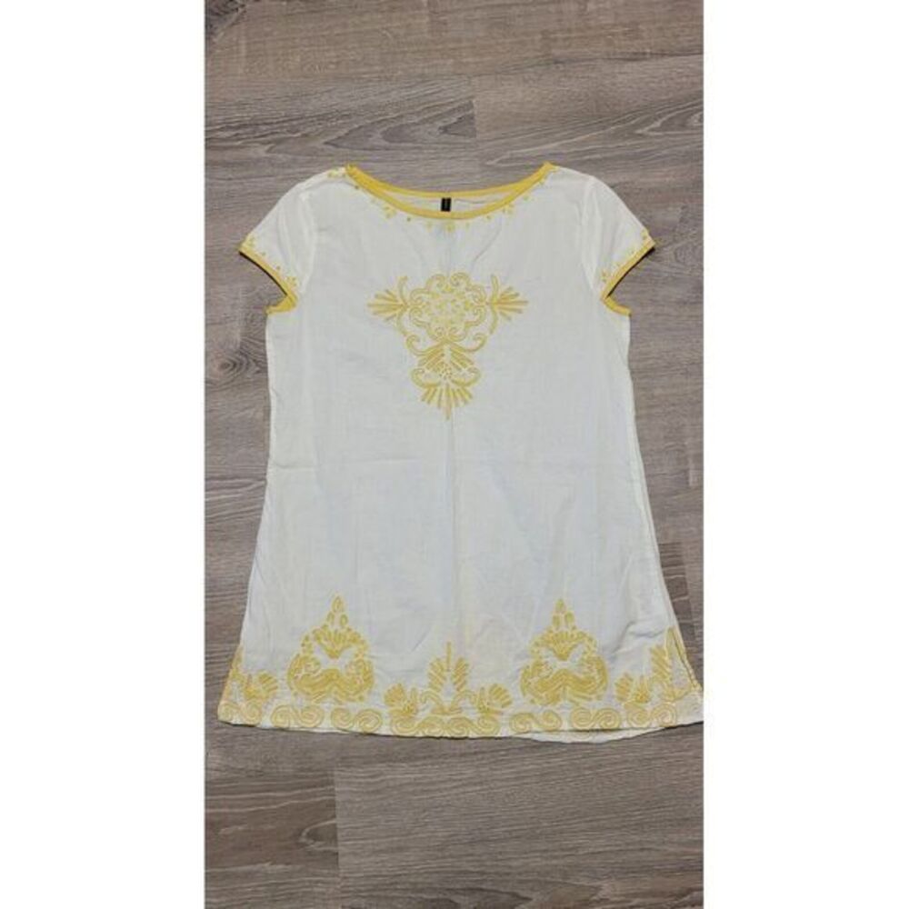 KAS Designs Women's White Tunic Top with‎ Yellow Embroidery Size Medium